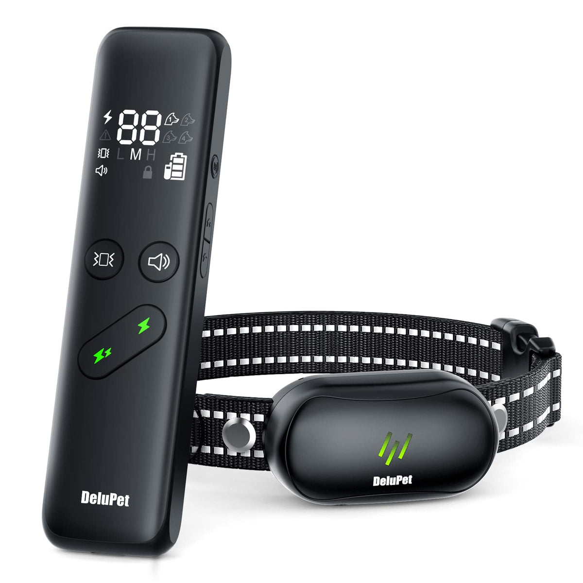 Delupet dog shock collar worn for comfortable, humane training with adjustable fit.