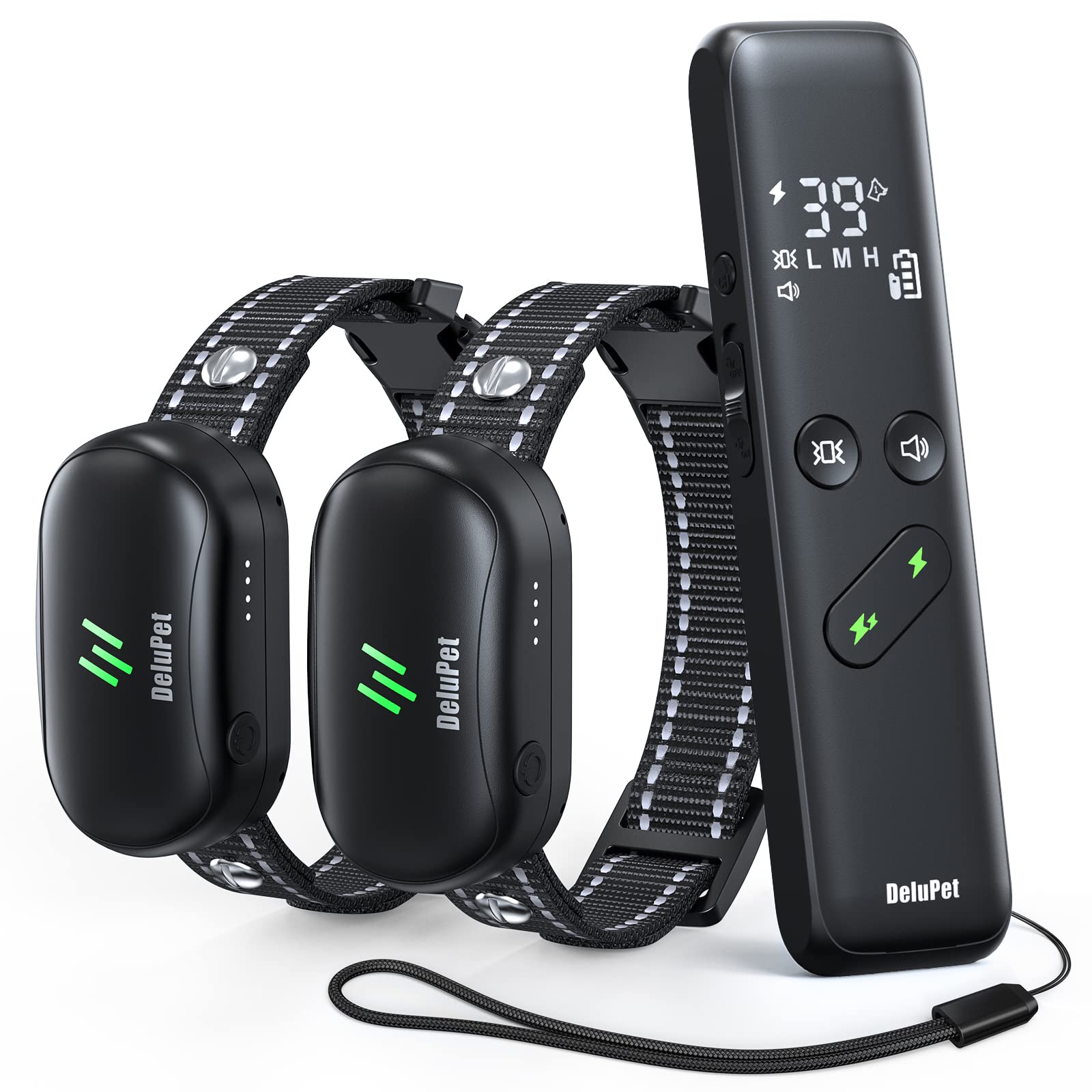 Delupet dual-dog training collar with remote for two dogs.