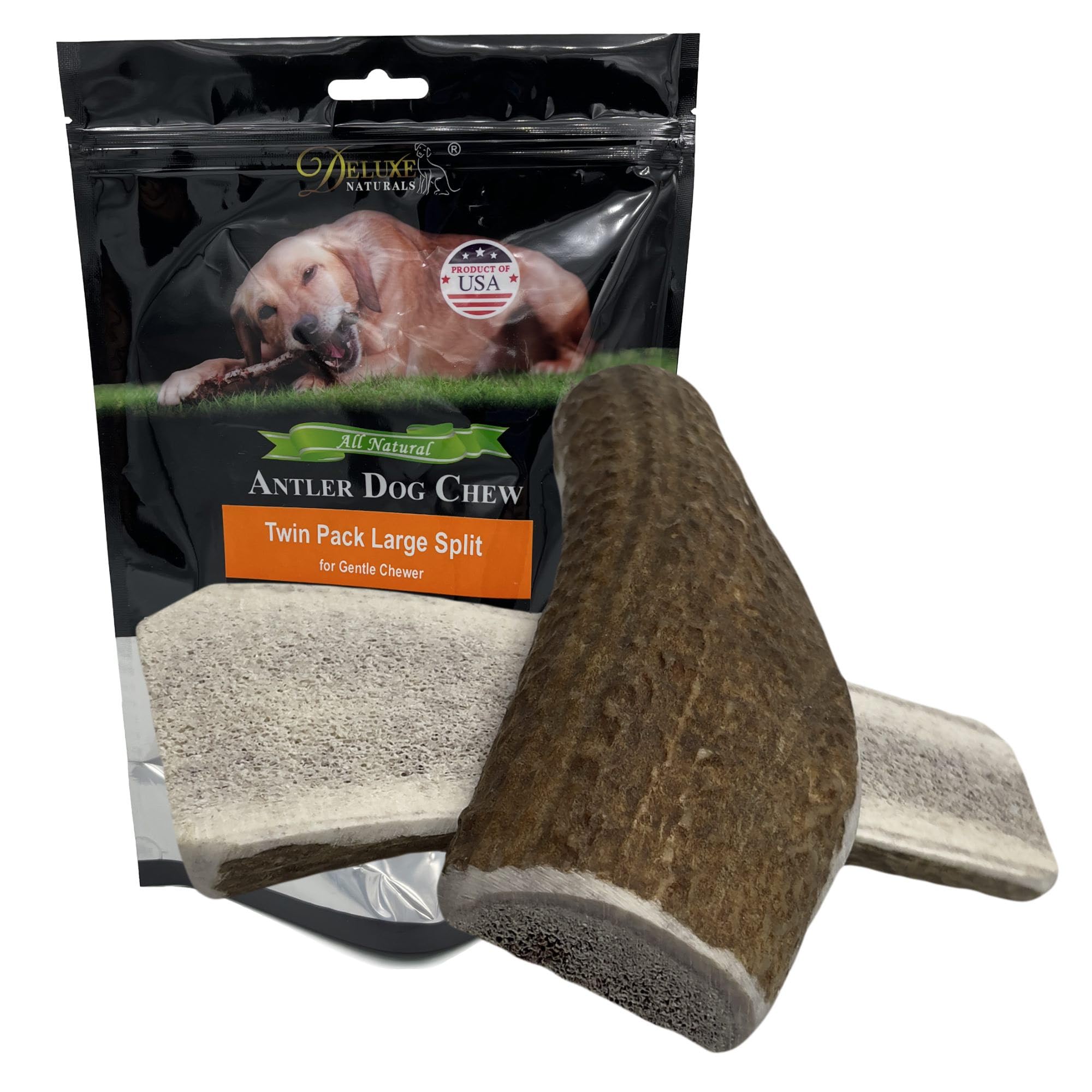 Deluxe Naturals 2-pack front view of large split elk antler chews supporting dental health