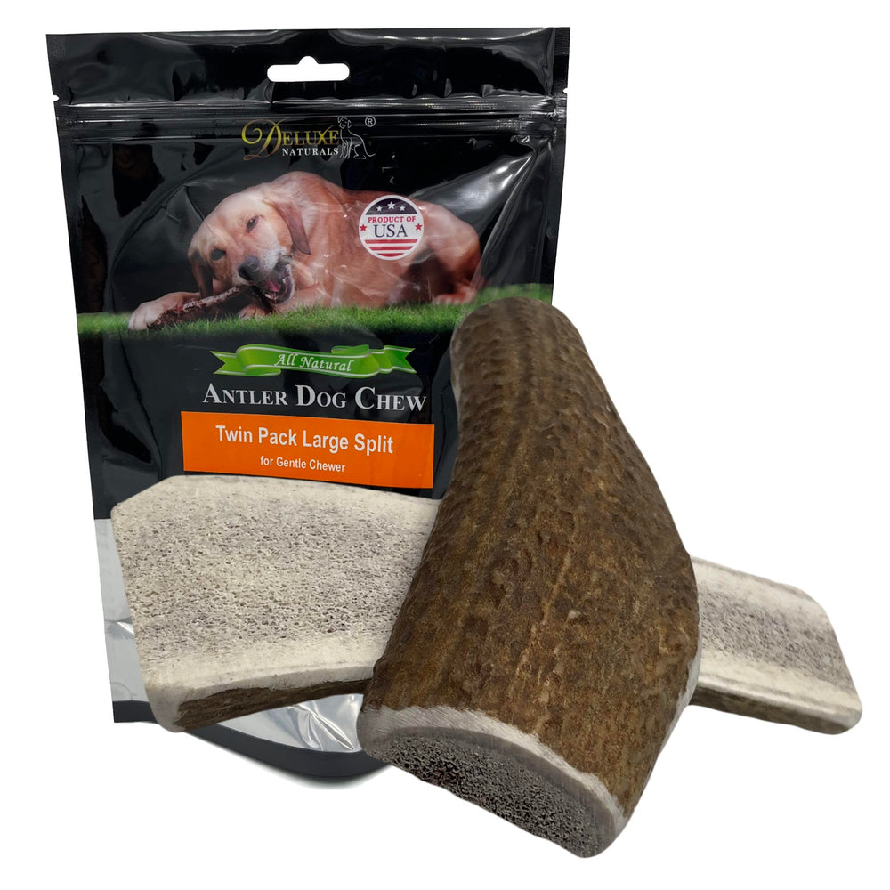 Deluxe Naturals 2-pack front view of large split elk antler chews supporting dental health