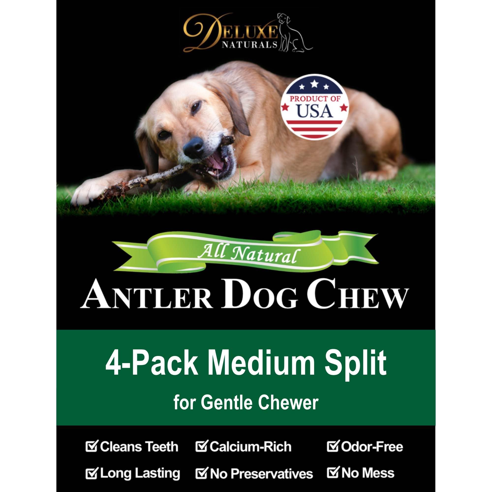 Deluxe Naturals elk antler chews packaging shows a four-count bundle.