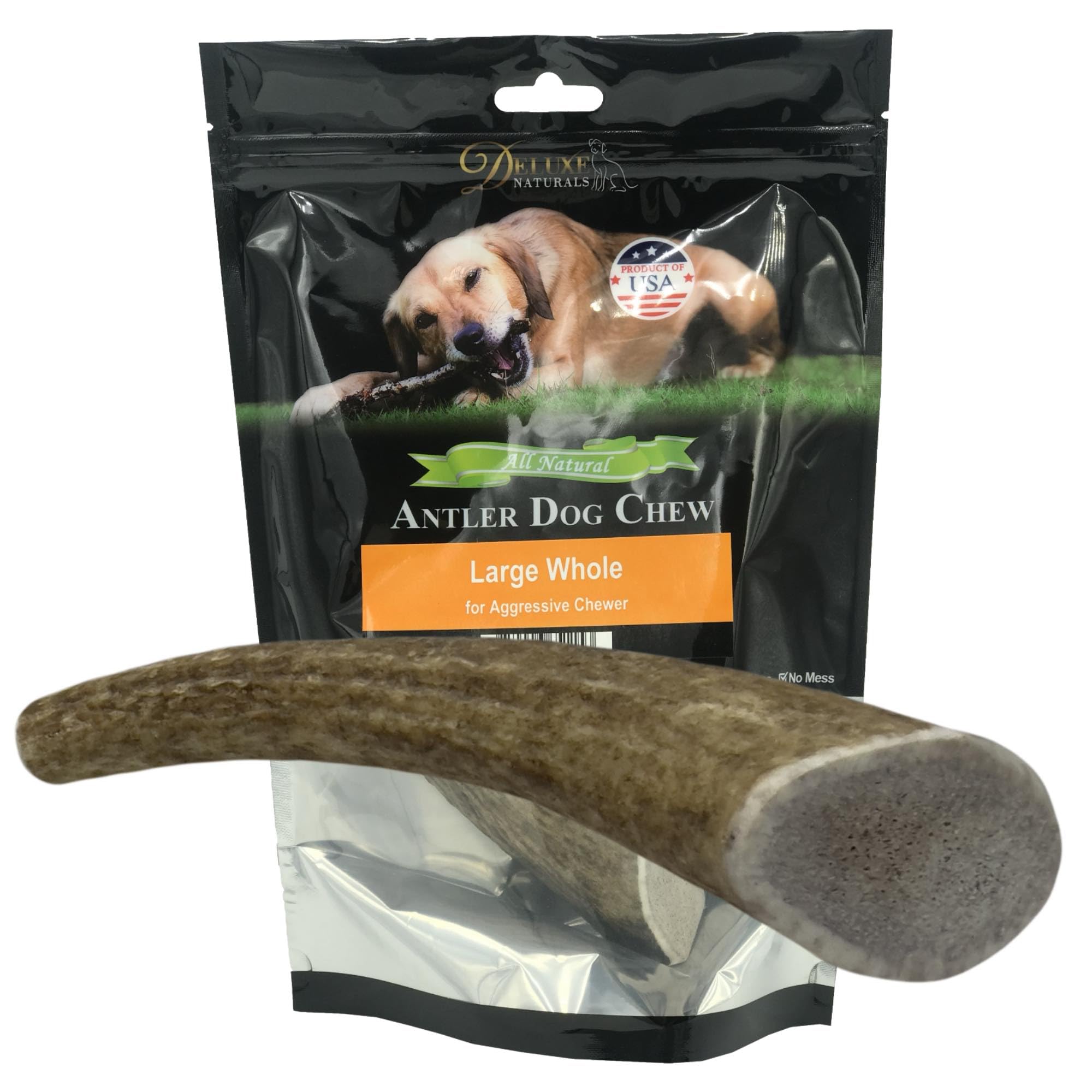 Deluxe Naturals elk antler chew 6-9 inch for dogs, long-lasting.