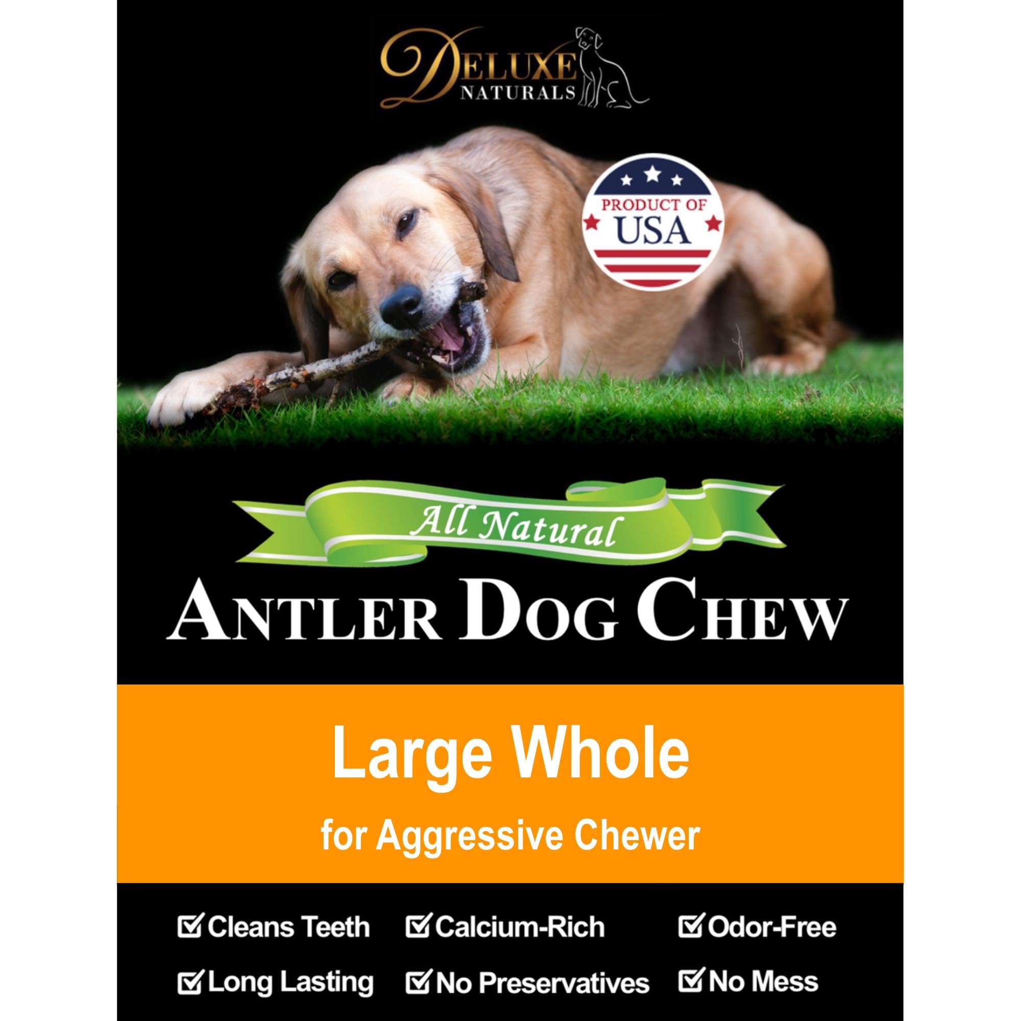 Deluxe Naturals elk antler chew sized for medium to large dogs.