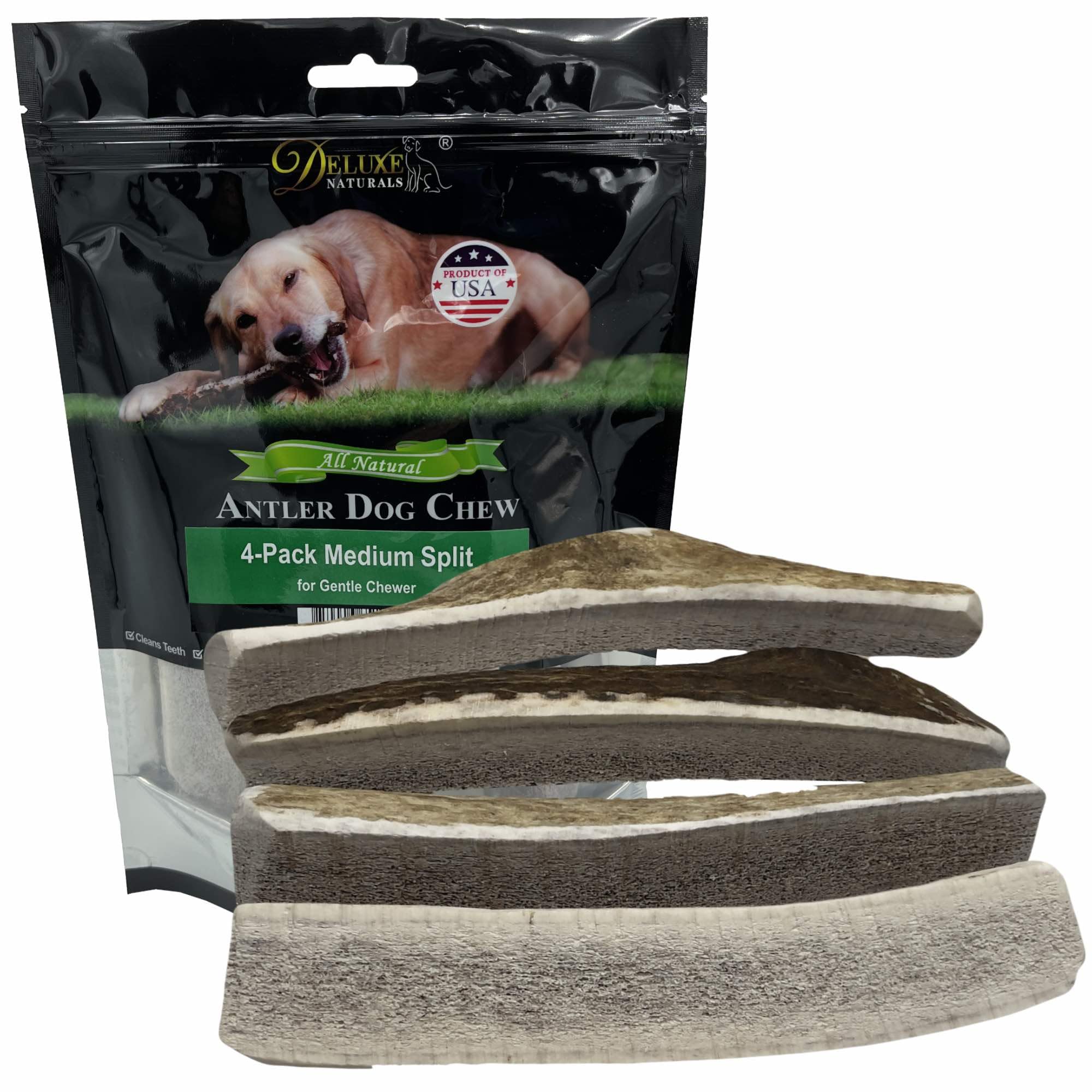 Deluxe Naturals elk antler chews pack 4 medium split, ideal for small dogs' chewing sessions.