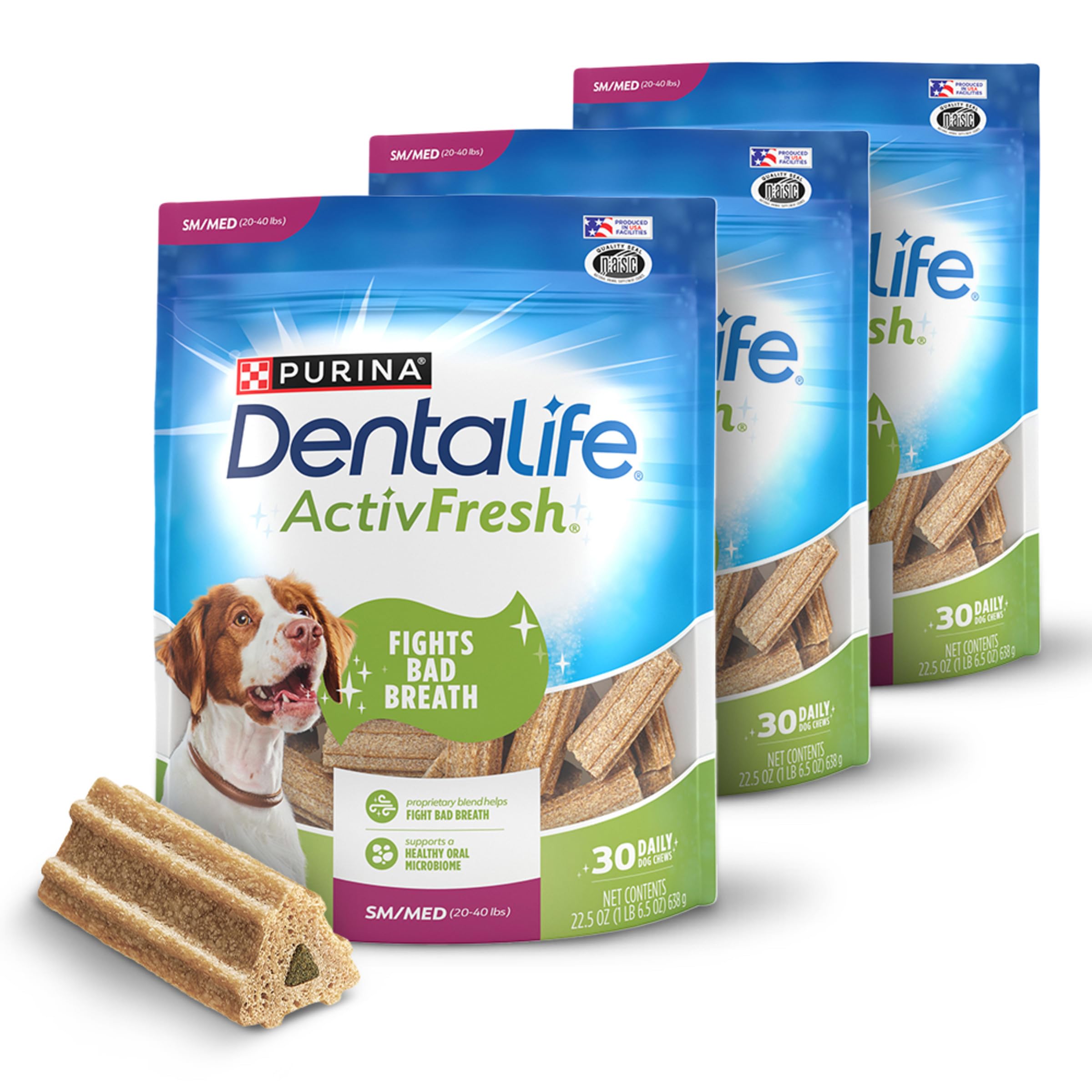 Dentalife ActivFresh dog chews pack front highlights breath-freshening dental care for small and medium dogs.