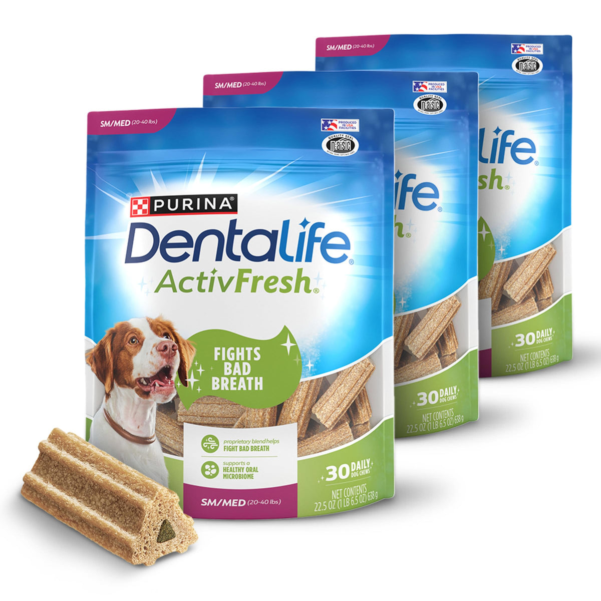 Dentalife ActivFresh dog chews pack front highlights breath-freshening dental care for small and medium dogs.