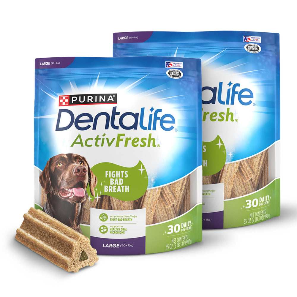 Dentalife ActivFresh two-pack display for large dogs, breath-freshening chews.