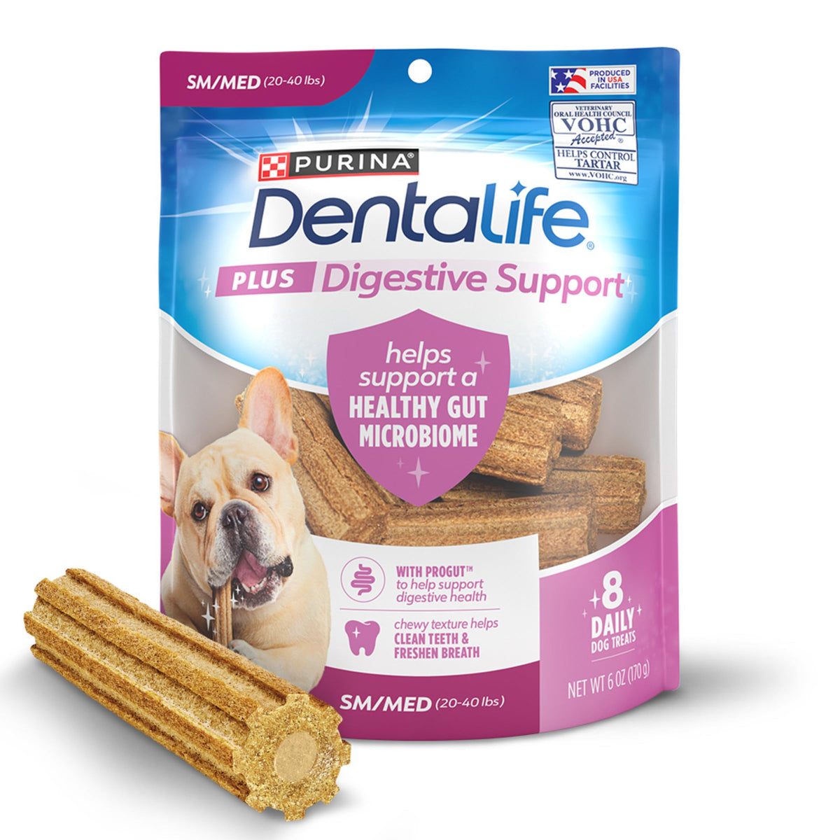 Dentalife Plus Digestive Support treats pack-front in resealable pouch for freshness.