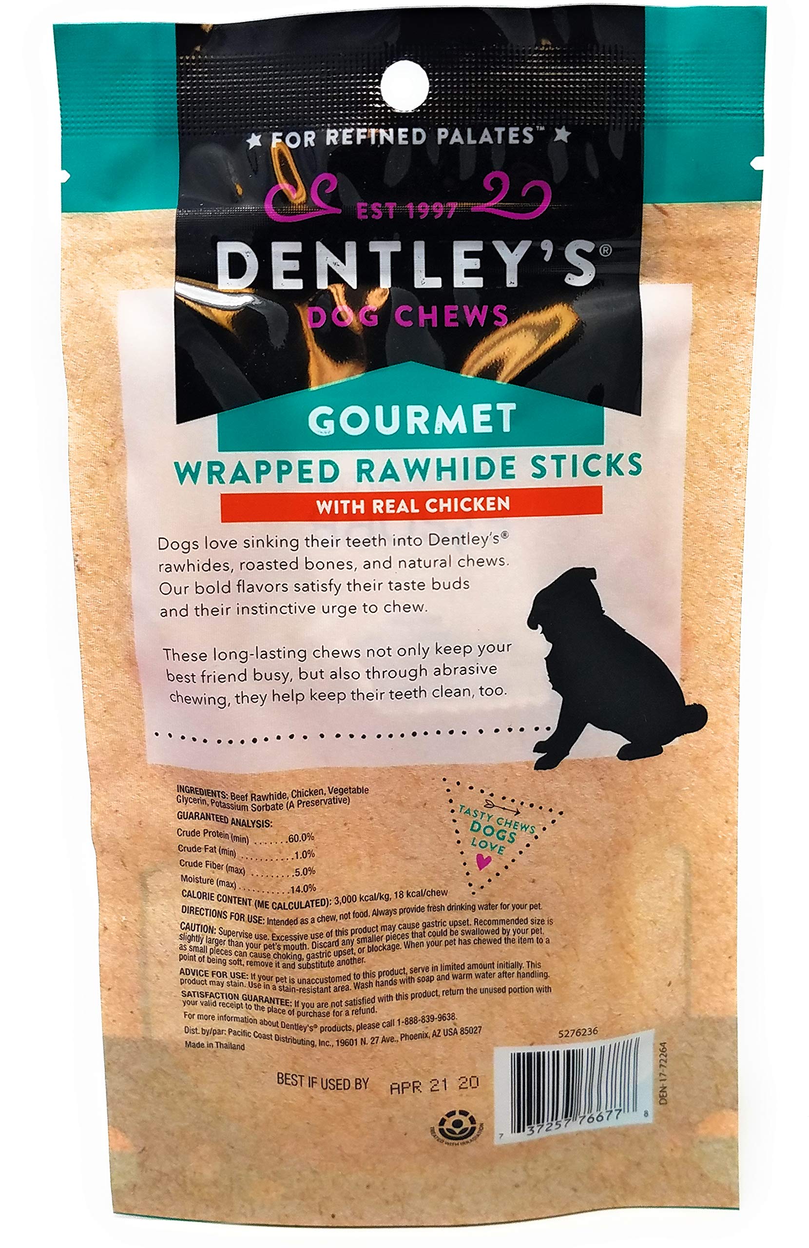 Dentley's Wrapped Rawhide Sticks Chicken closeup highlighting appetizing texture for satisfying chews.
