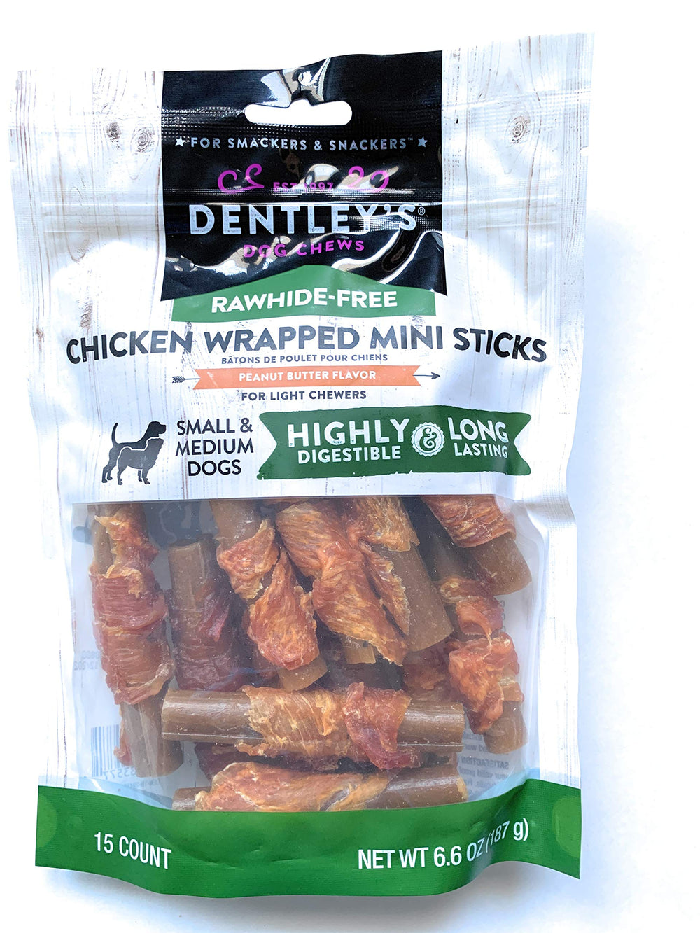 DENTLEY'S Rawhide-Free Chicken Wrapped Mini Sticks peanut butter pack encourages gentle, long-lasting chewing.