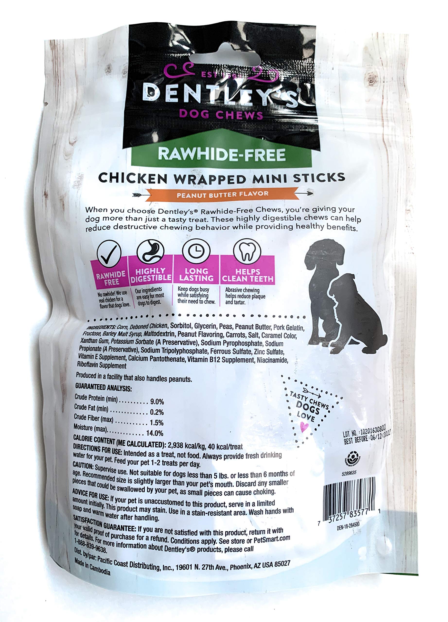 DENTLEY'S Rawhide-Free Chicken Wrapped Mini Sticks close-up shows tasty texture for light chewers.