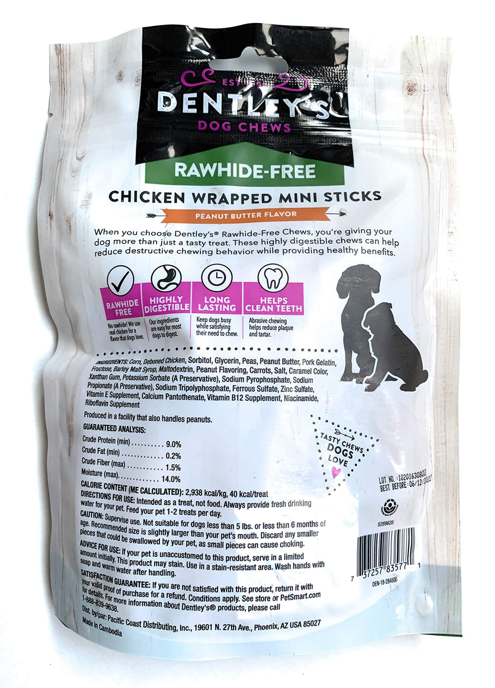 DENTLEY'S Rawhide-Free Chicken Wrapped Mini Sticks close-up shows tasty texture for light chewers.