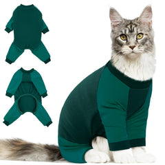 DENTRUN cat recovery suit worn on a cat for post-surgery protection and hair containment.