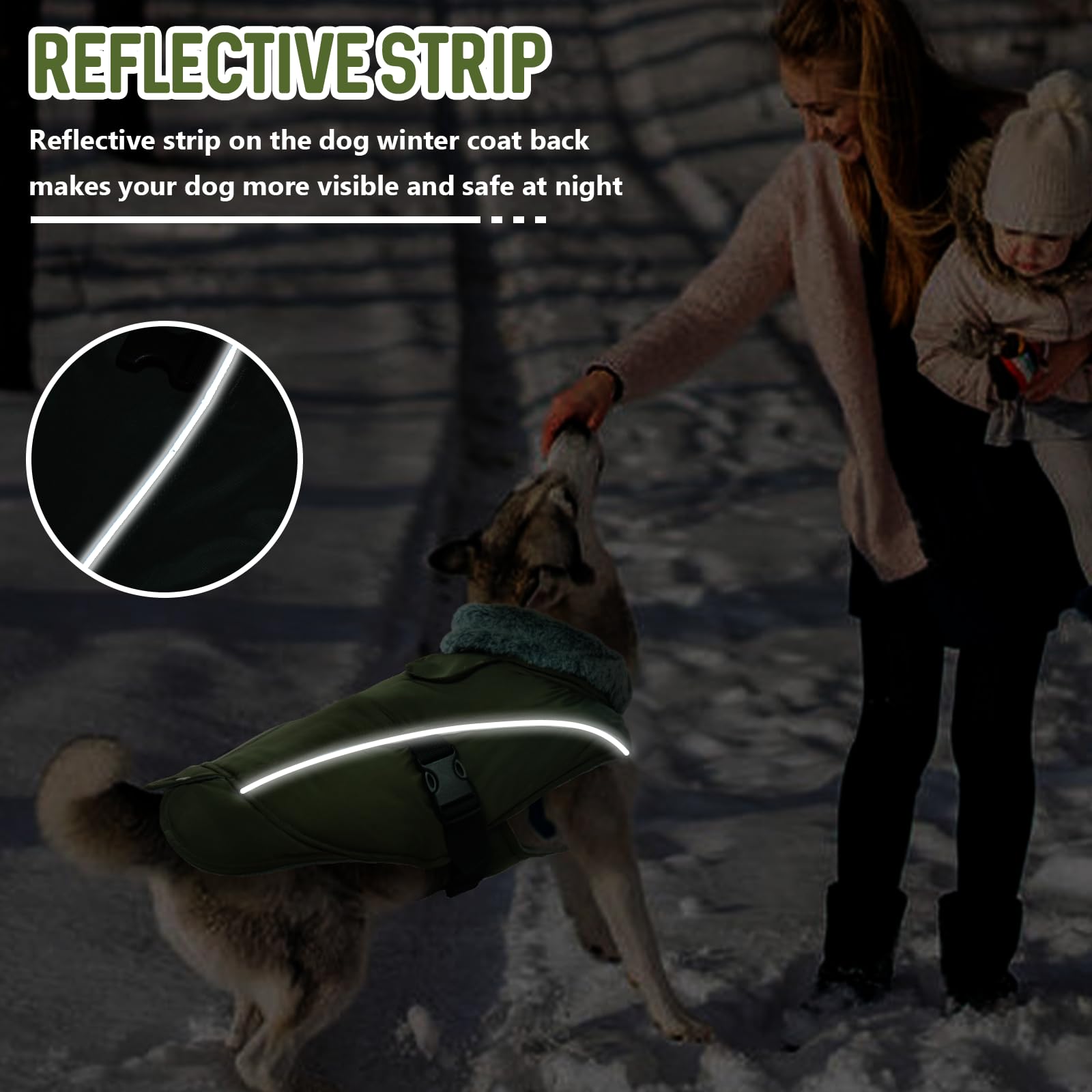DENTRUN Winter Warm Dog Coat back view with reflective strips for dusk safety.