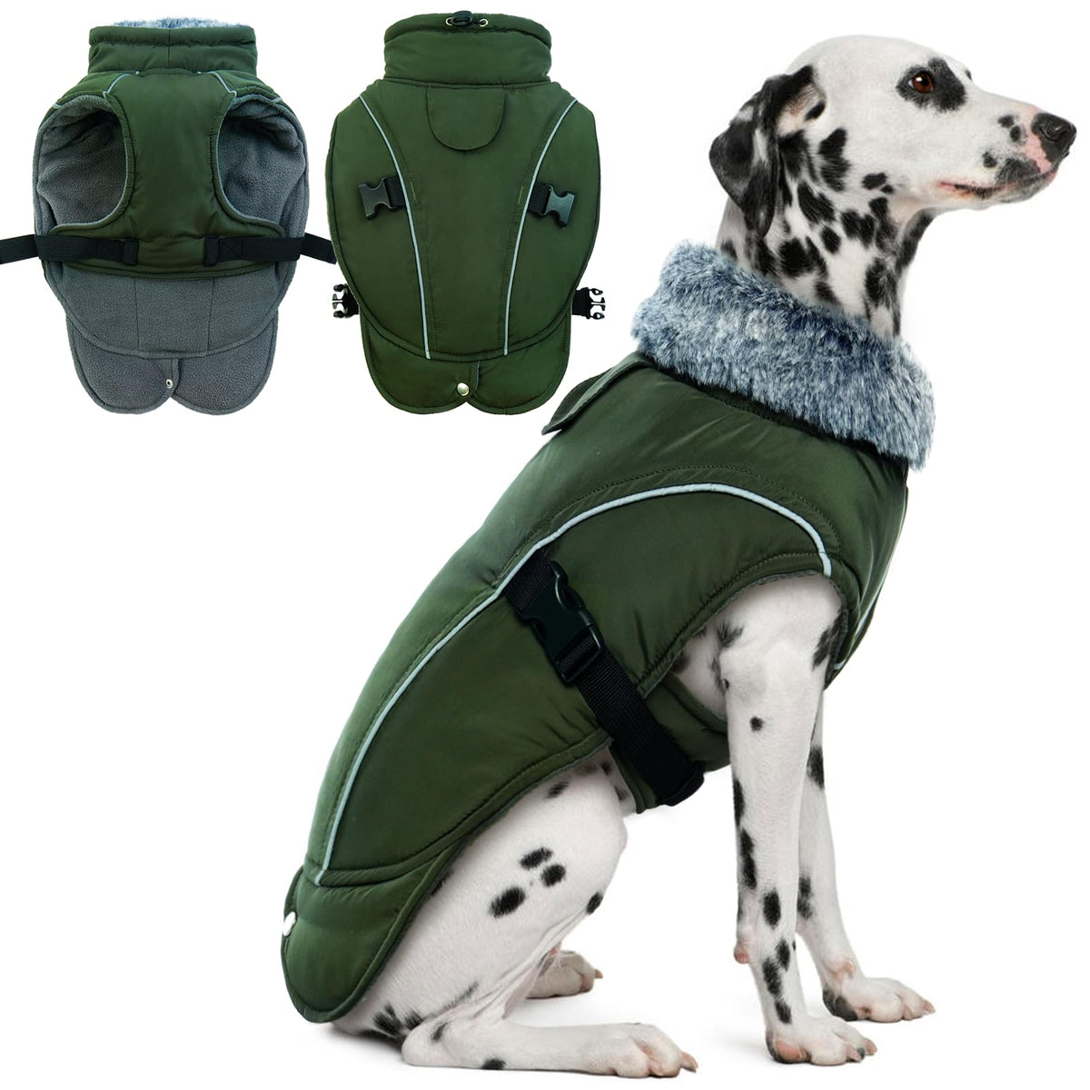 DENTRUN Winter Warm Dog Coat front view showing windproof shell and plush lining.