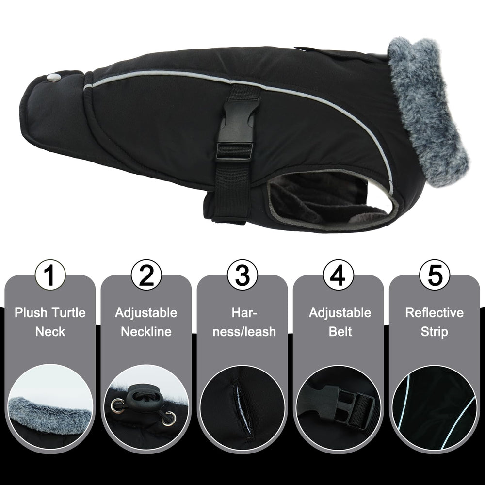 DENTRUN Winter Warm Dog Coat back shows leash hole for harness use