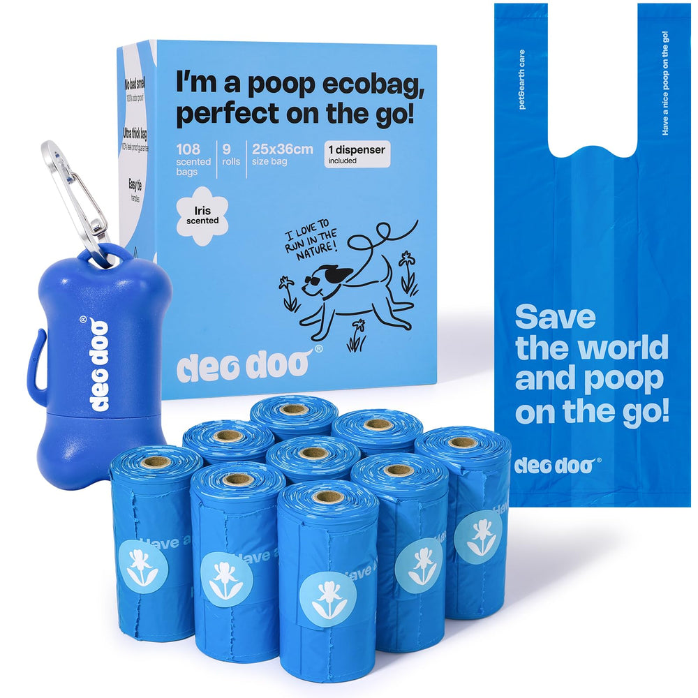 Deo Doo box with rolls shows leak-proof bags for walking dogs.