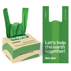 Deo Doo dog poop bags with handles in a closed box for clean disposal.
