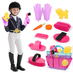 deAO horse grooming kit tote bag storage keeps tools neatly organized for quick pretend grooming