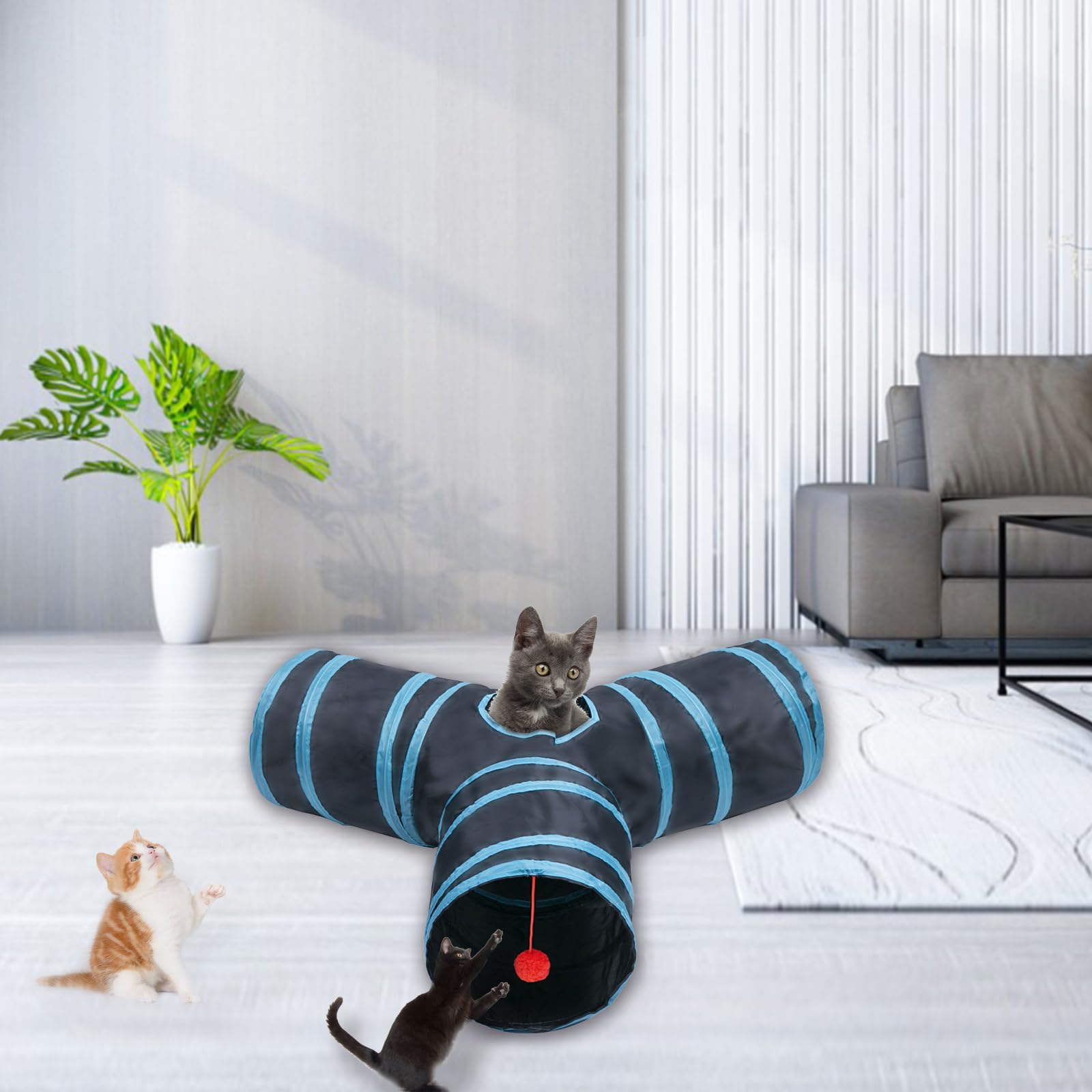 Deofun cat tunnel blue compact-storage helps tidy living spaces.