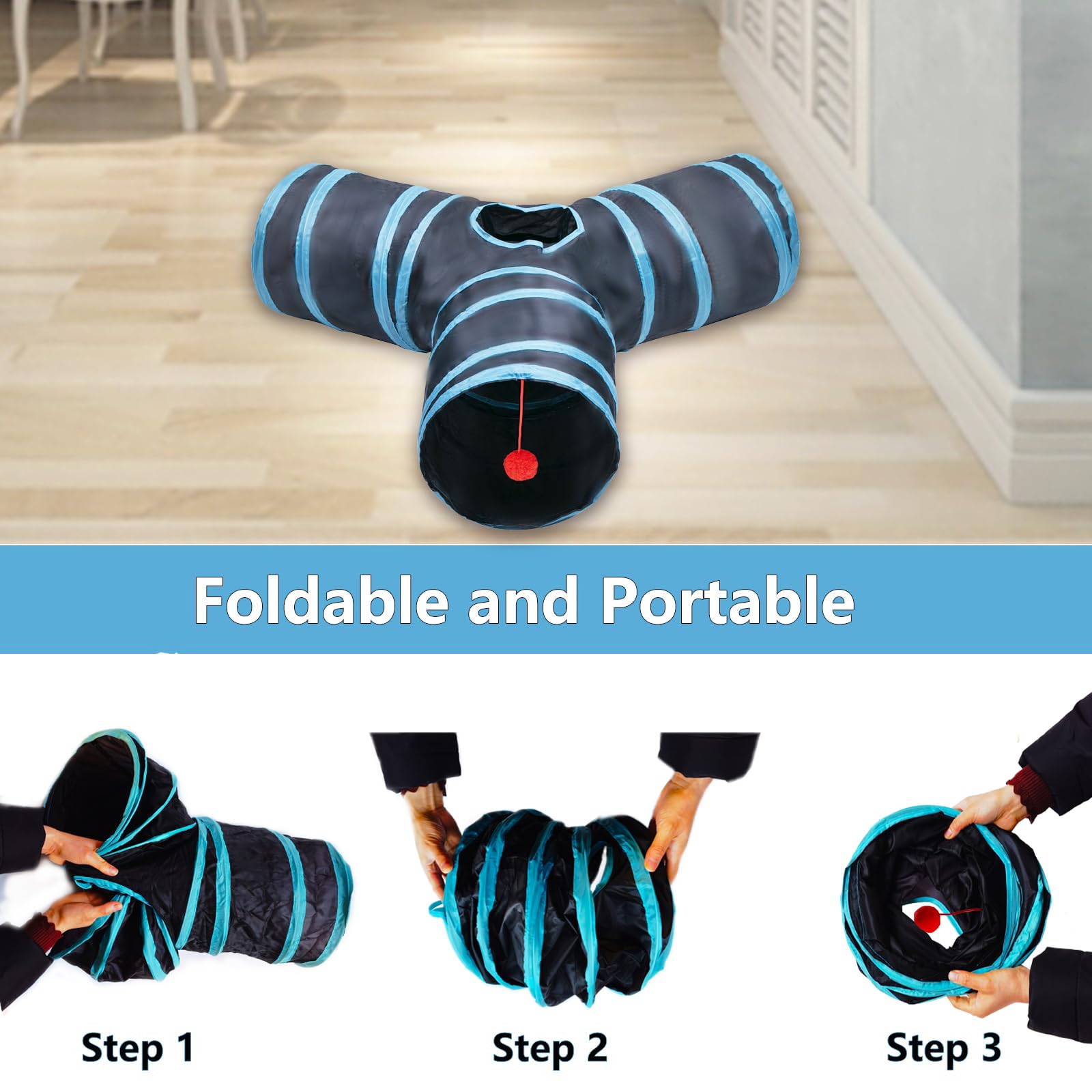 Deofun cat tunnel blue entrance-view shows spacious interior for curious pets.