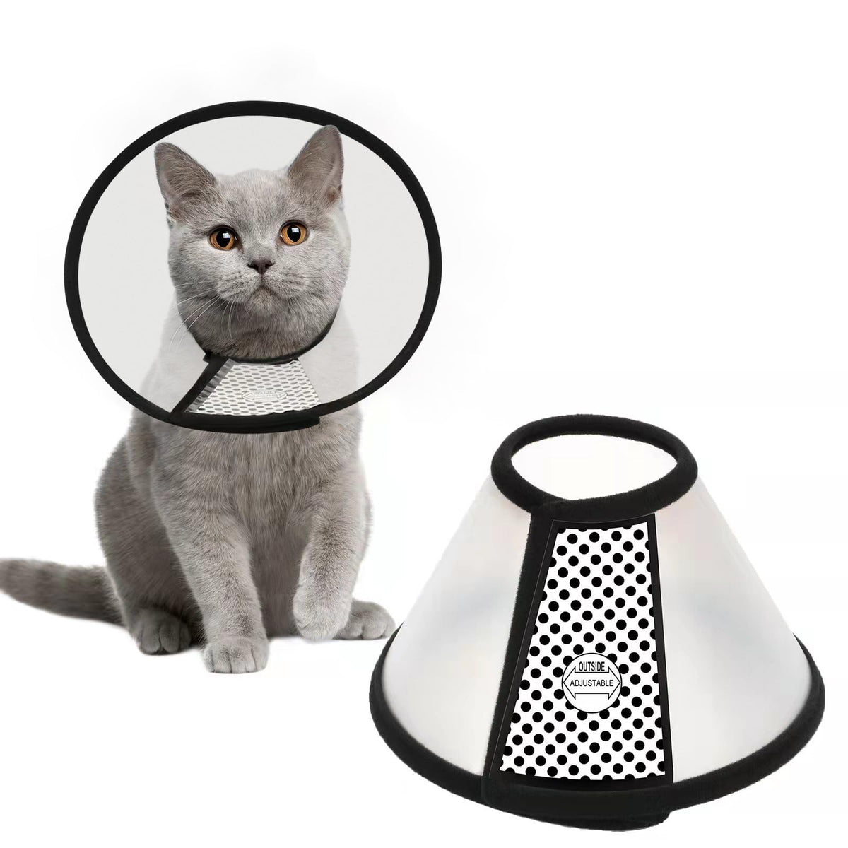 Depets adjustable recovery cone on a cat side view, supports healing by reducing licking.