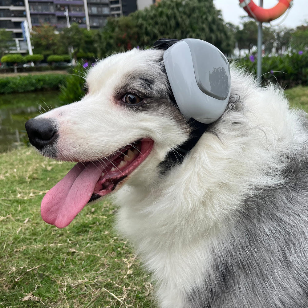 derYEP dog earmuffs GEN2 nocturne grey padded cup close-up showing soft comfort.