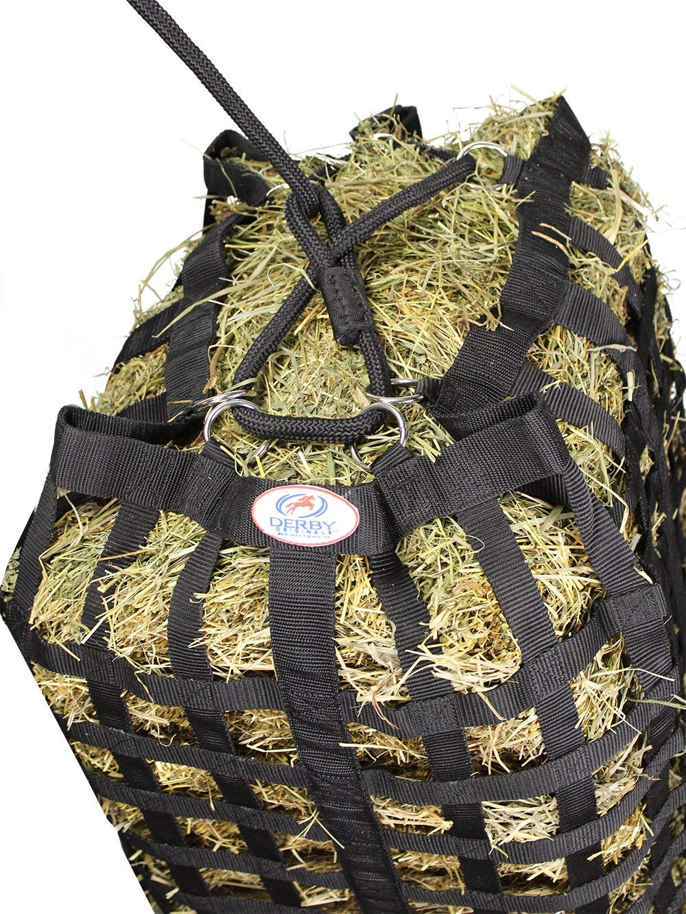 Derby Originals XL Go Around hay bag front view highlights 1.75-inch openings for slowed feeding.