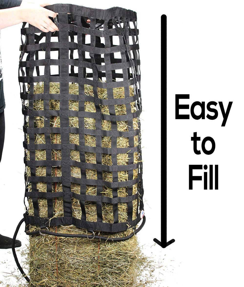 Derby Originals hay bag openings closeup demonstrates slow-feed design to reduce waste.