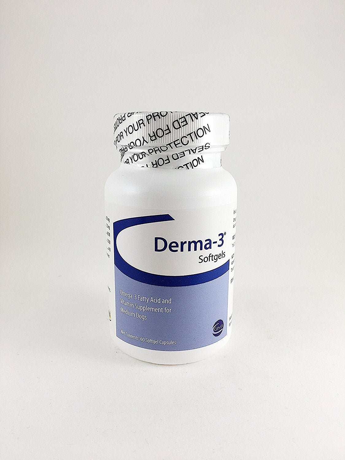 Derma-3 Softgels bottle supports skin and coat health for medium breed dogs