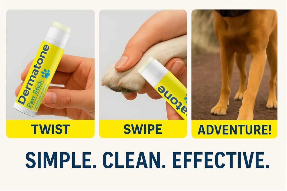 DERMATONE paw-stick-between-toes emphasizes comprehensive coverage for protecting interdigital areas.