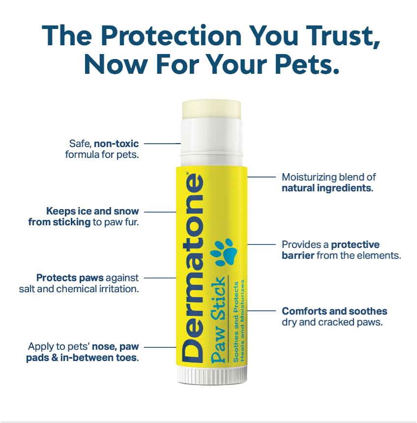 DERMATONE paw-stick-on-paw-pads shows targeted balm for dry pads during winter walks.