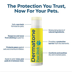 DERMATONE paw-stick-on-paw-pads shows targeted balm for dry pads during winter walks.