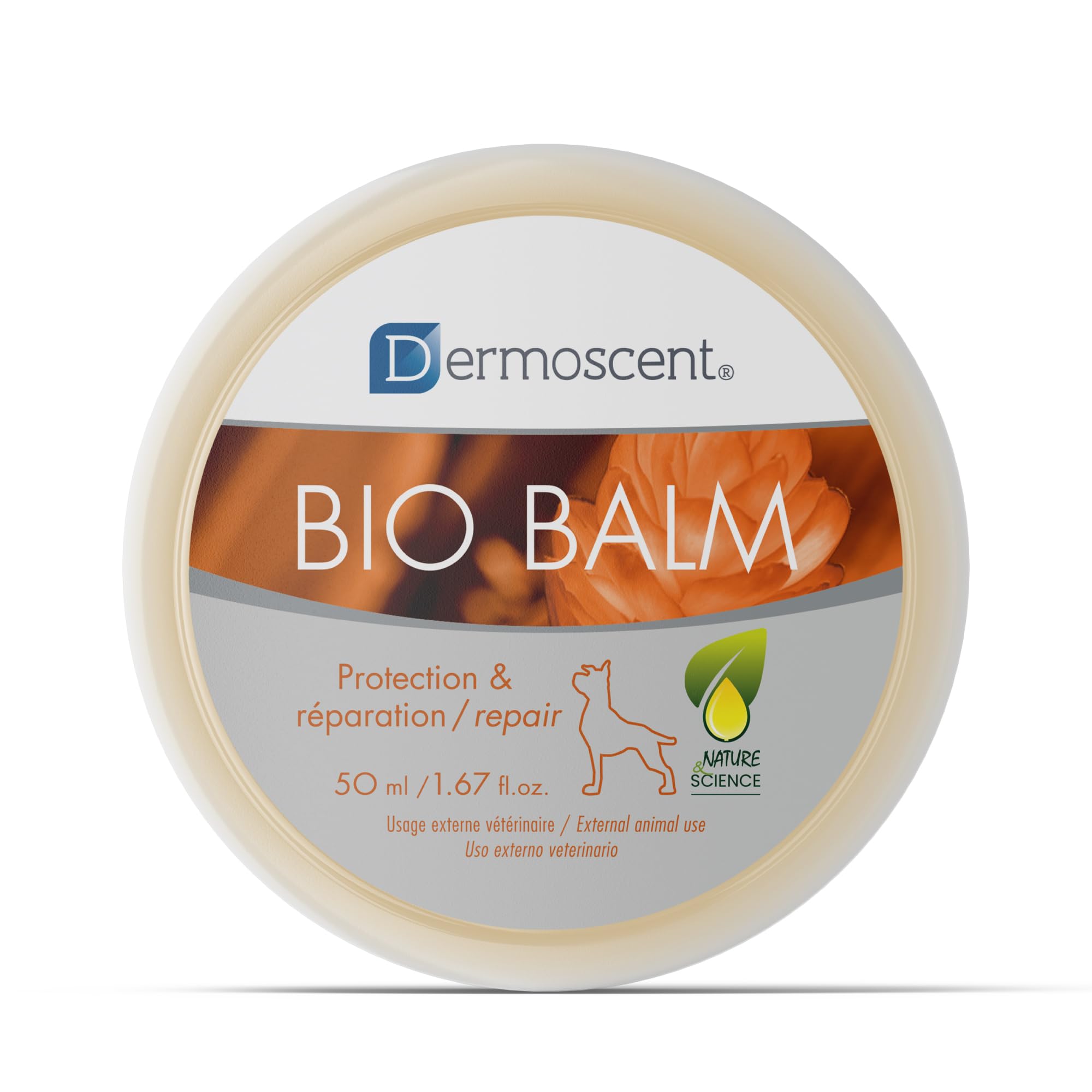 Dermoscent Bio Balm jar close-up highlighting natural ingredients for dry paws.