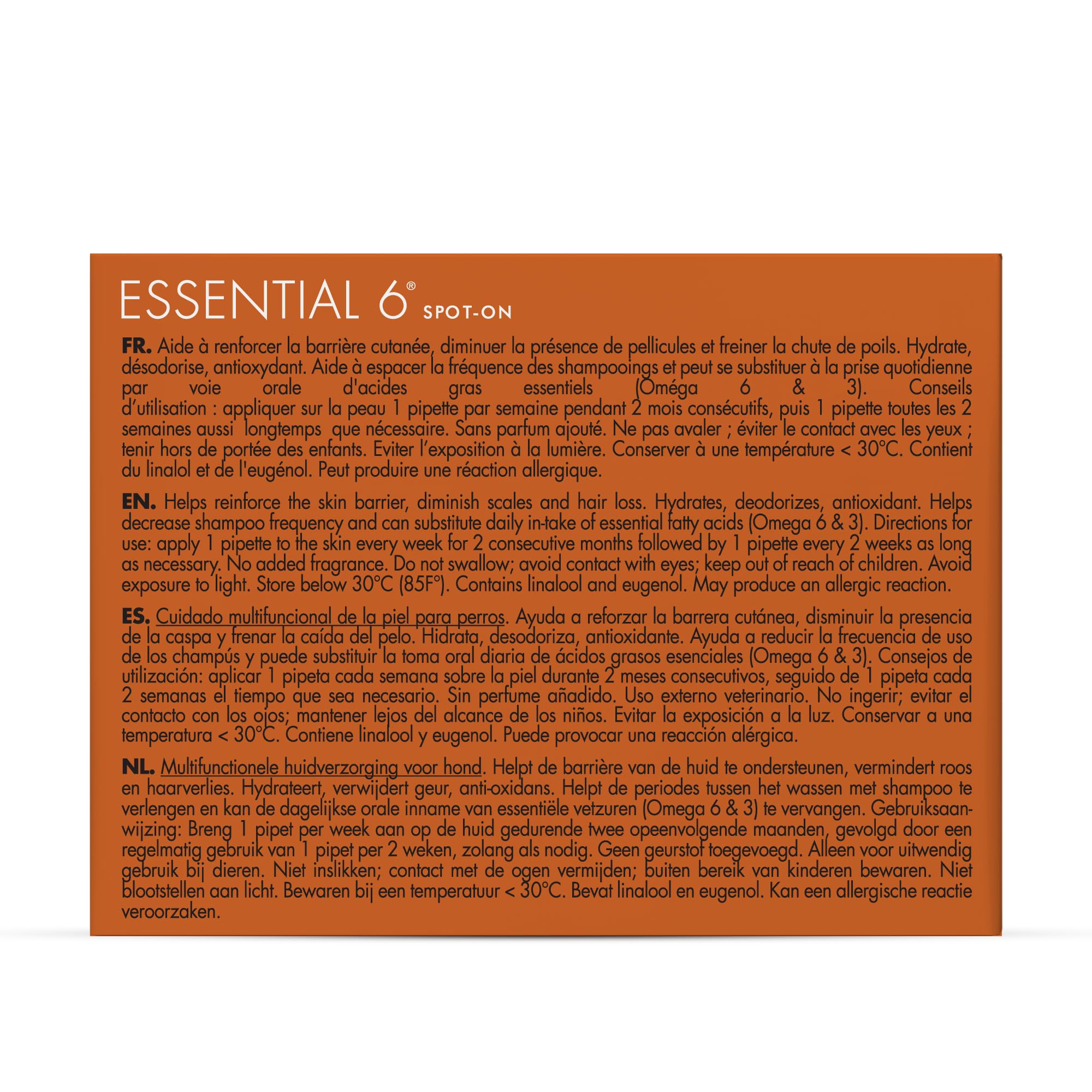 Dermoscent Essential 6 bottle with four 2.4 ml pipettes ready for at-home use and coat shine.