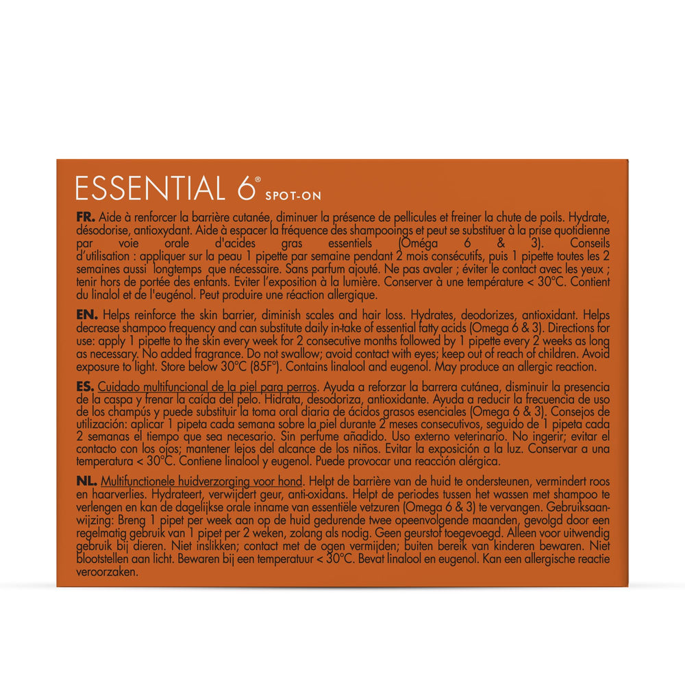 Dermoscent Essential 6 bottle with four 2.4 ml pipettes ready for at-home use and coat shine.