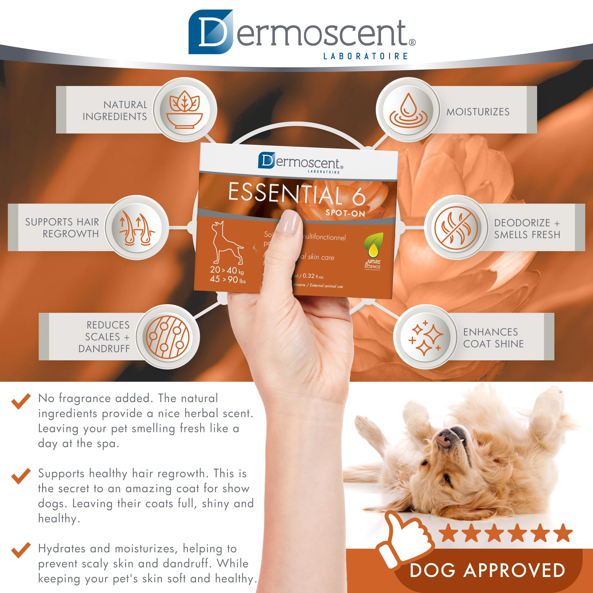 Dermoscent Essential 6 promotes coat shine and healthier fur after use.