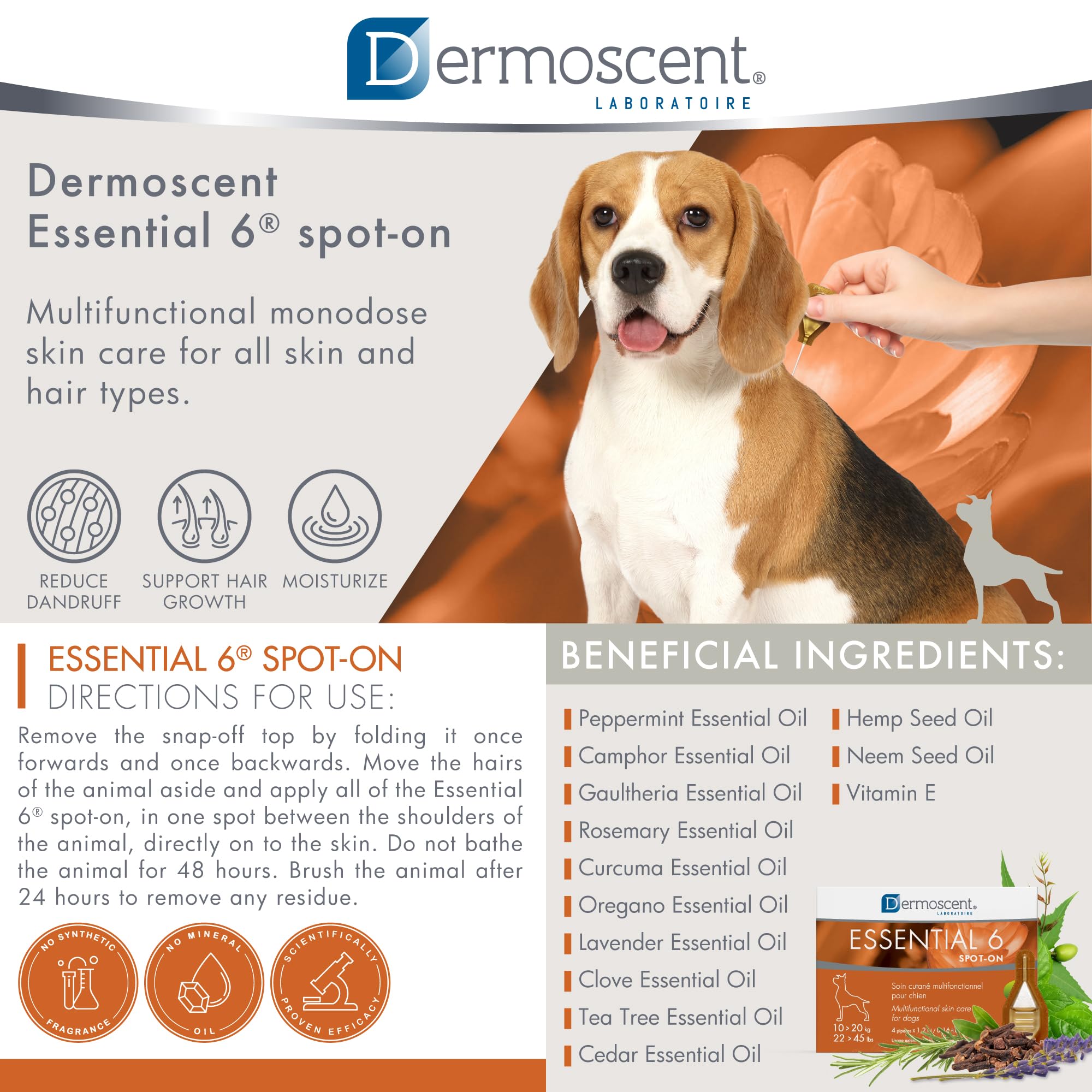 Dermoscent Essential 6 dog skin closeup highlighting hydrating, protective formula