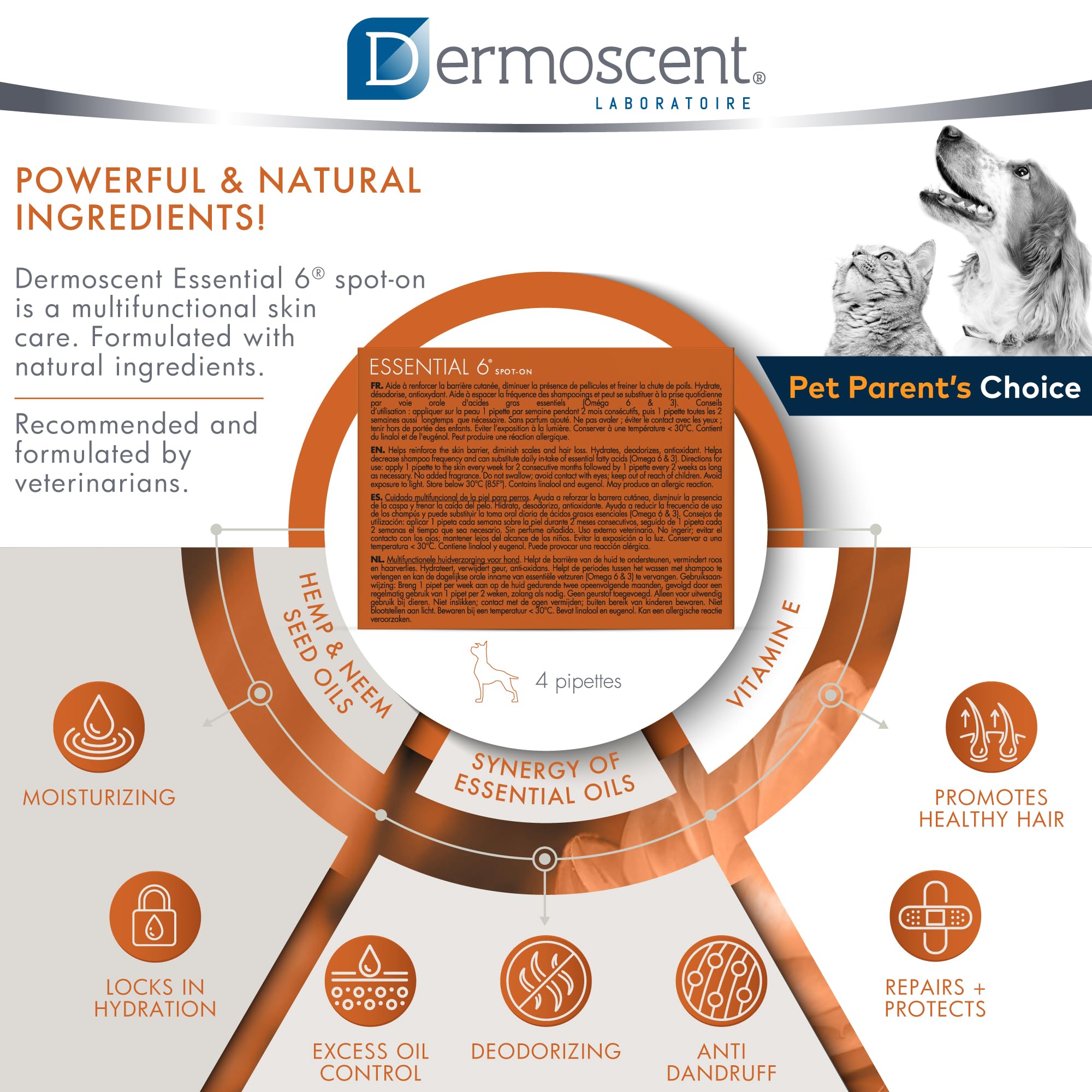 Dermoscent Essential 6 natural formula featuring hemp and neem oils with Omega fatty acids and Vitamin E.