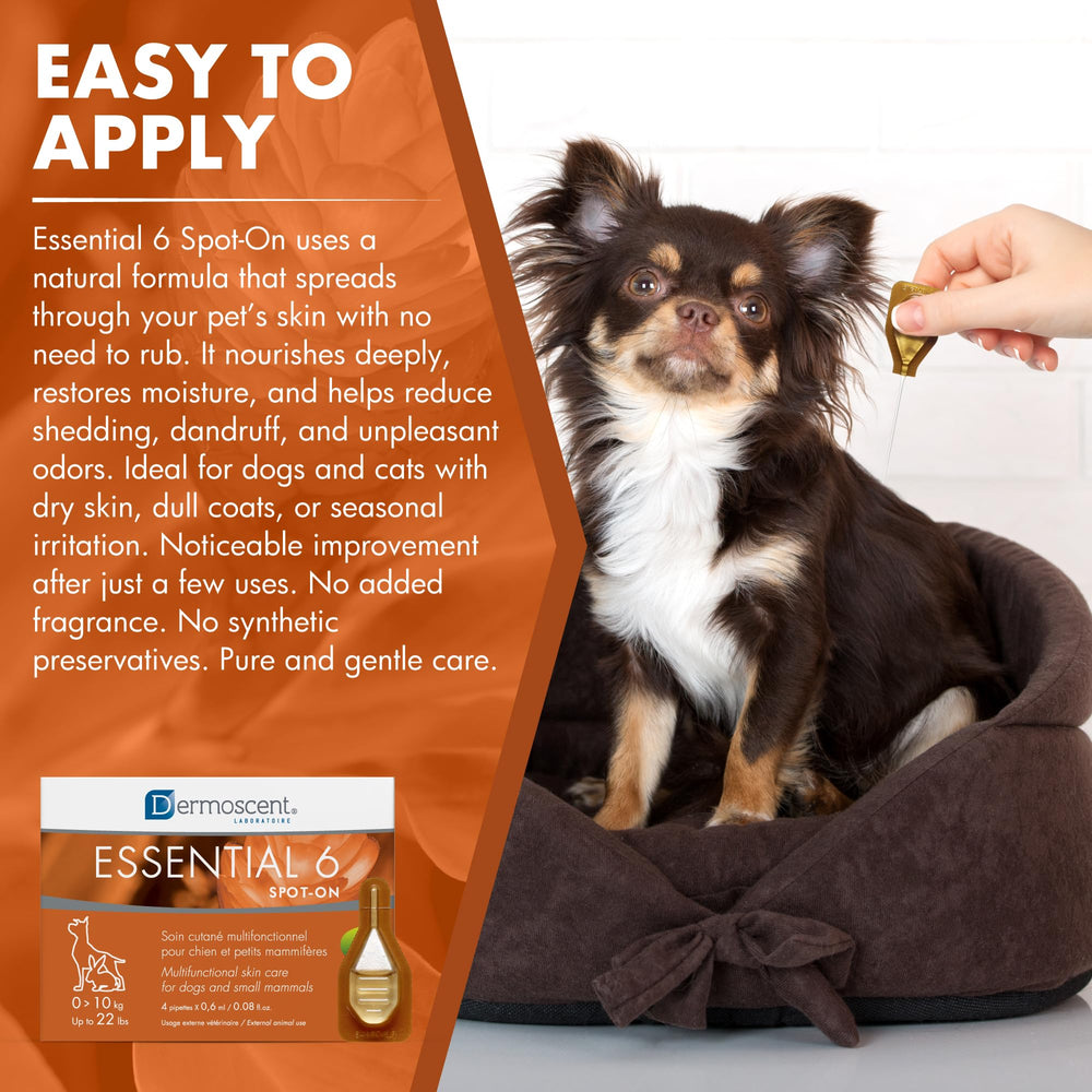 Dermoscent Essential 6 natural ingredients image featuring hemp and neem oils for plant-based care.