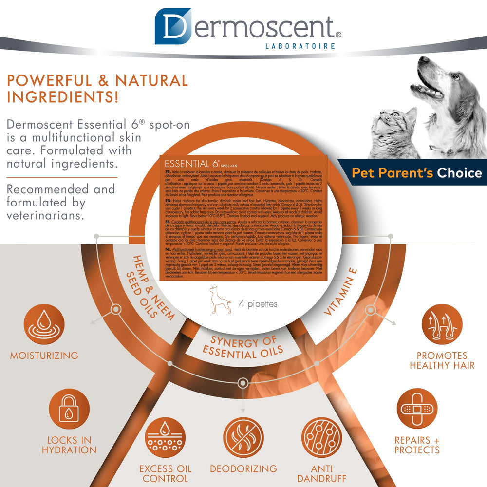 Dermoscent Essential 6 natural ingredients plant oils provide balanced skin support