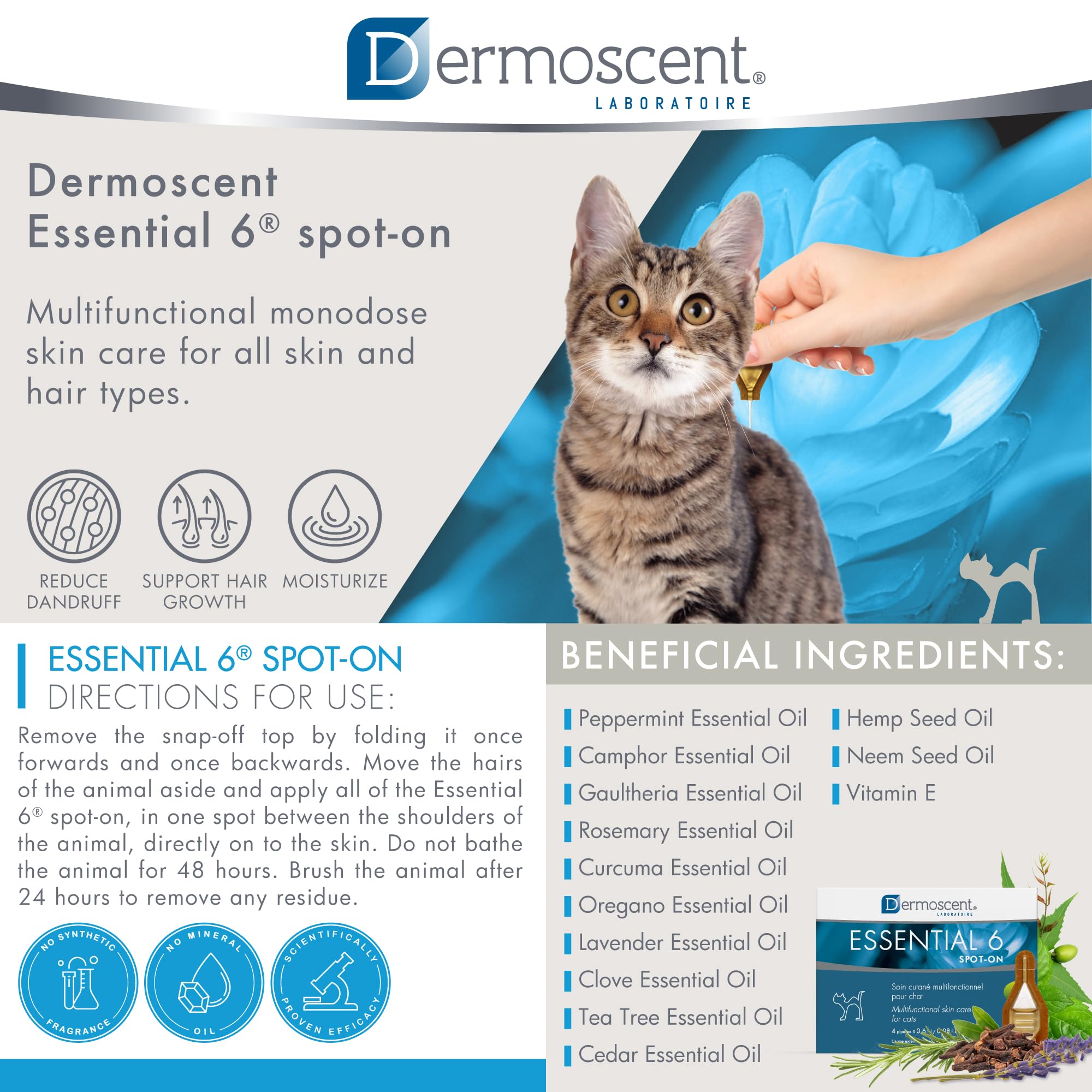 Dermoscent Essential 6 Spot On coat shine presentation highlights healthier fur and smoother texture