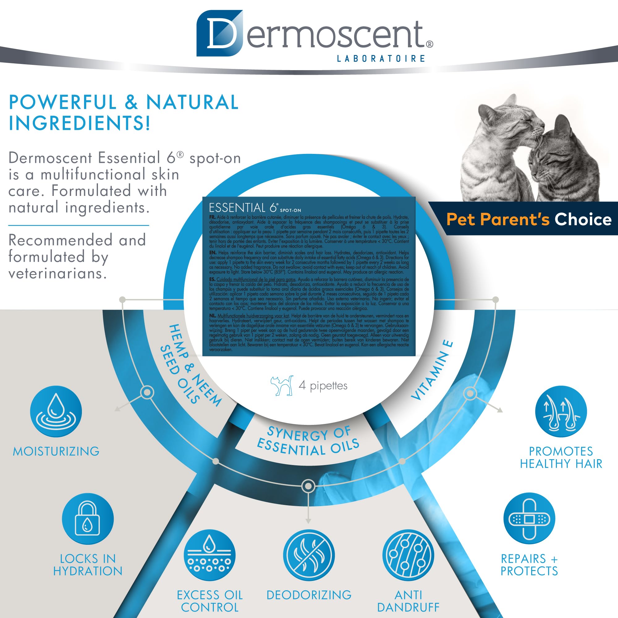 Dermoscent Essential 6 Spot On natural ingredients blend provides gentle skin support for daily care