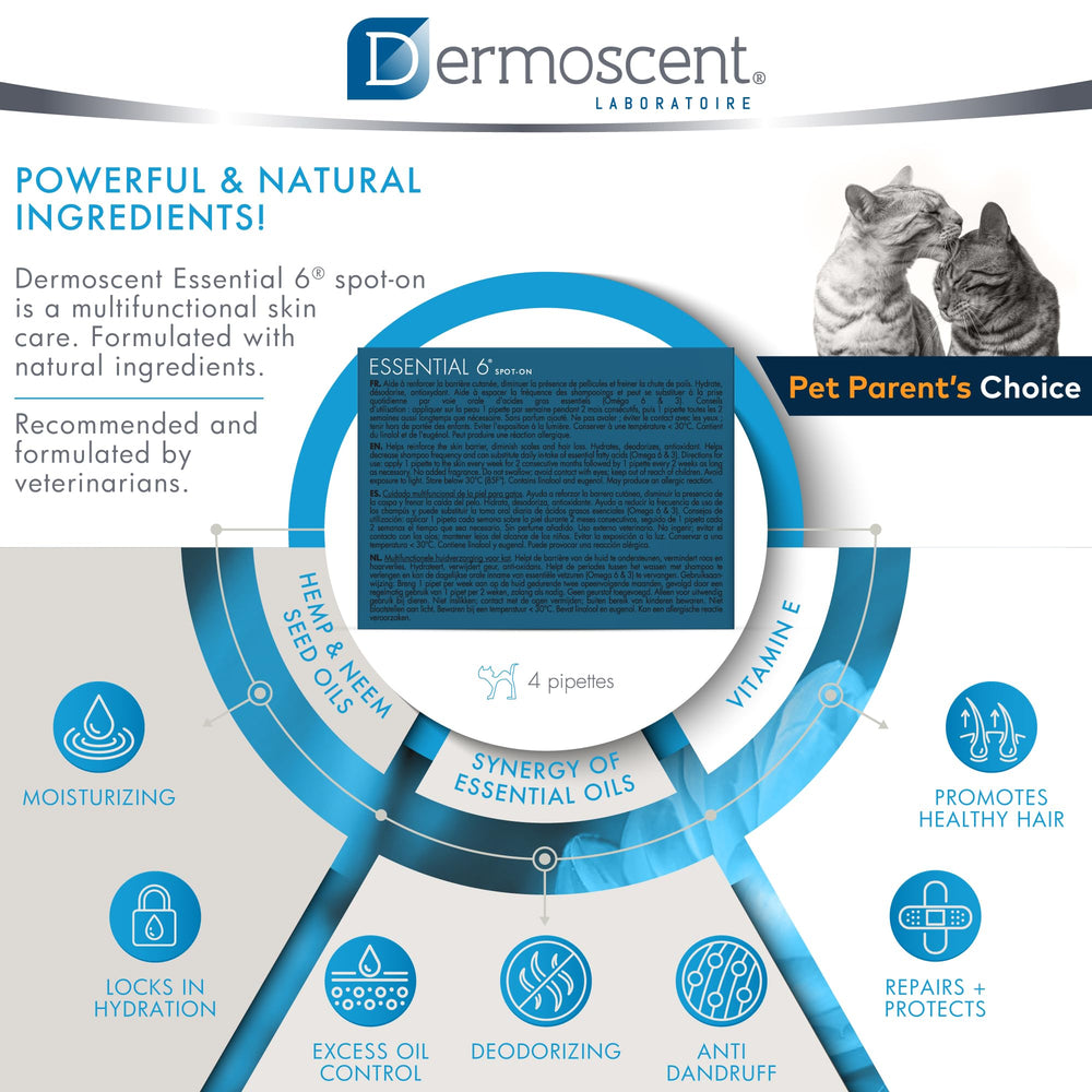 Dermoscent Essential 6 Spot On natural ingredients blend provides gentle skin support for daily care
