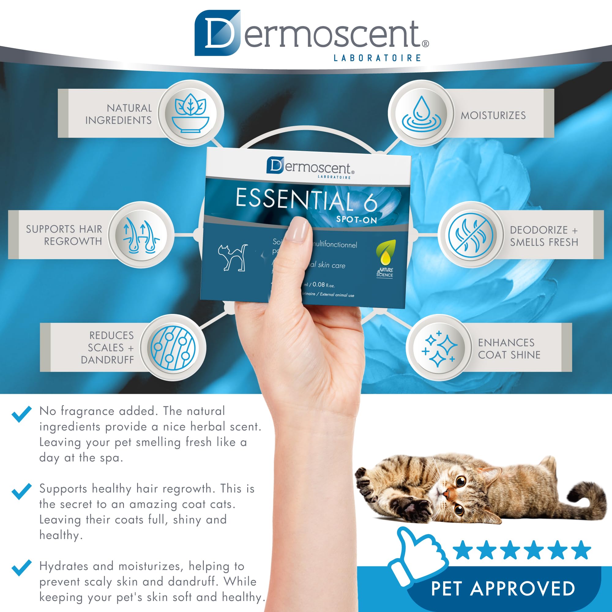 Dermoscent Essential 6 Spot On deodorizing action supports a fresher smelling home and cat