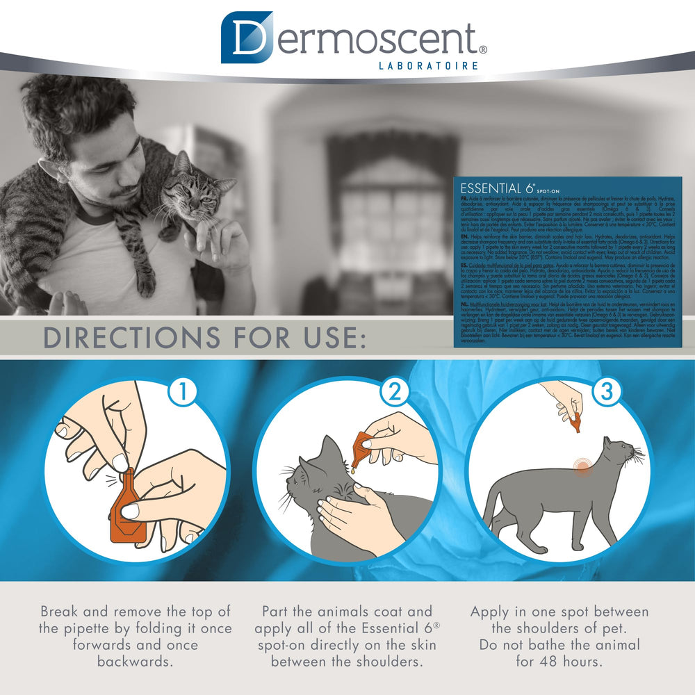 Dermoscent Essential 6 Spot On packaging image showcases convenient dosing and safety features