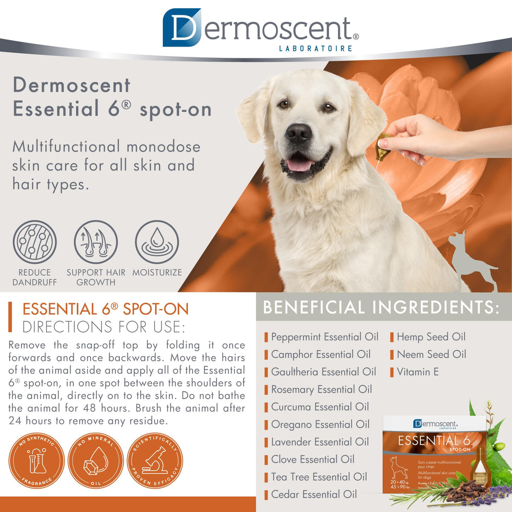 Dermoscent Essential 6 spot-on being applied to a dog's back for hydration and comfort.