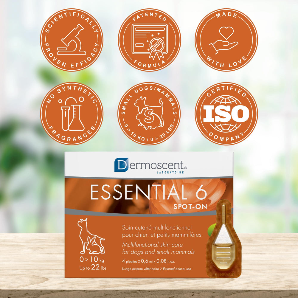 Dermoscent Essential 6 vet-recommended label indicates support for dry or flaky skin.