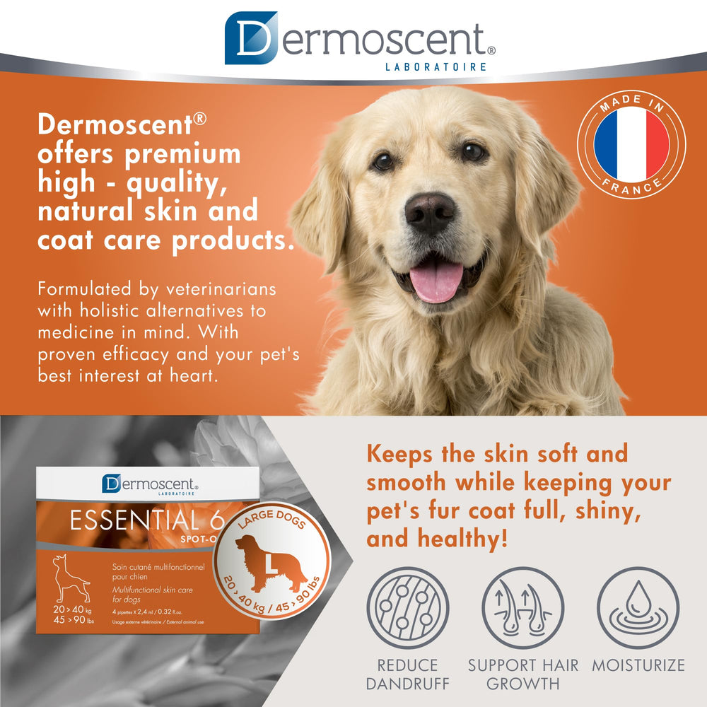 Veterinarian-recommended Dermoscent Essential 6 for dry and flaky skin.
