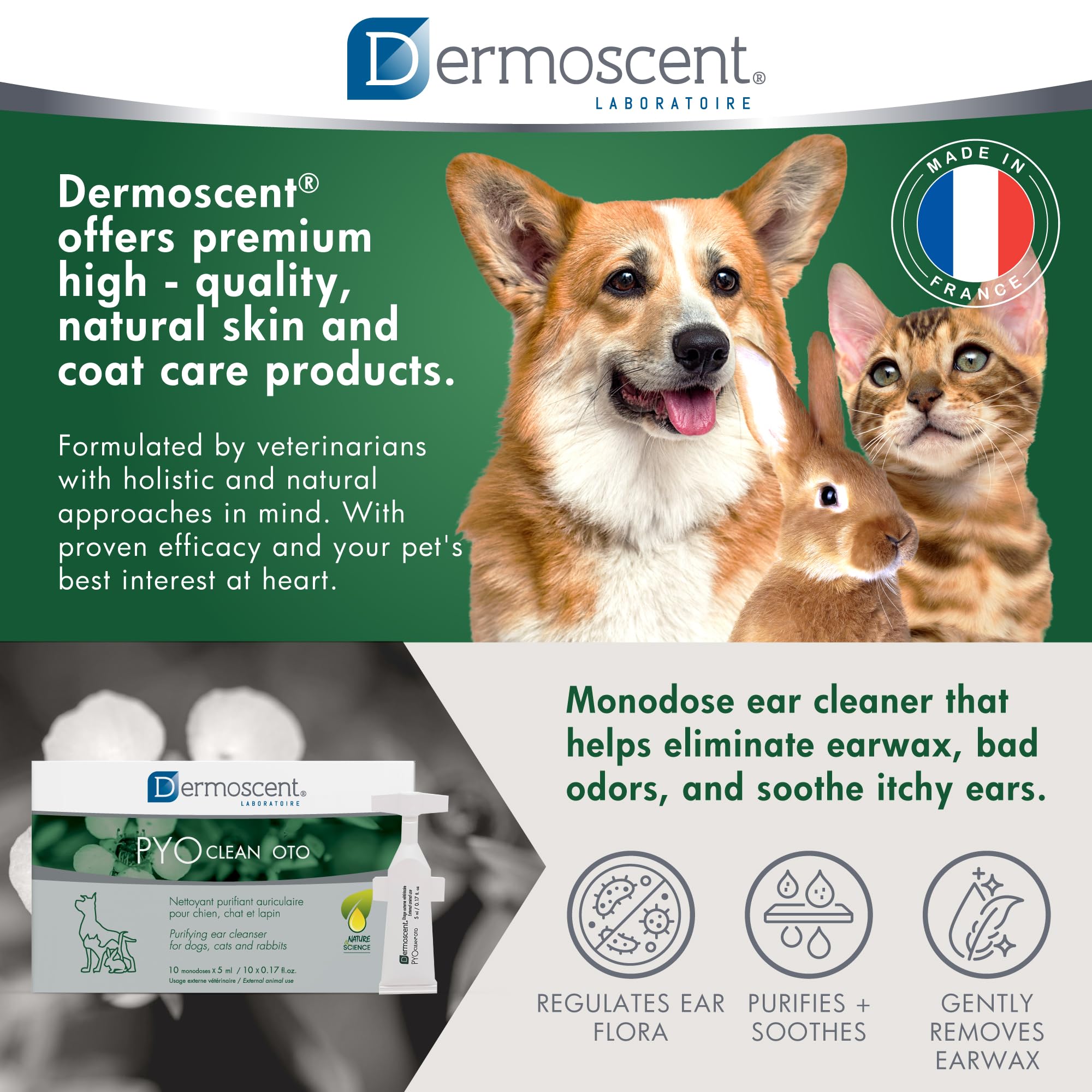 Dermoscent Pyoclean OTO: aroma suave y limpieza sin jabón.